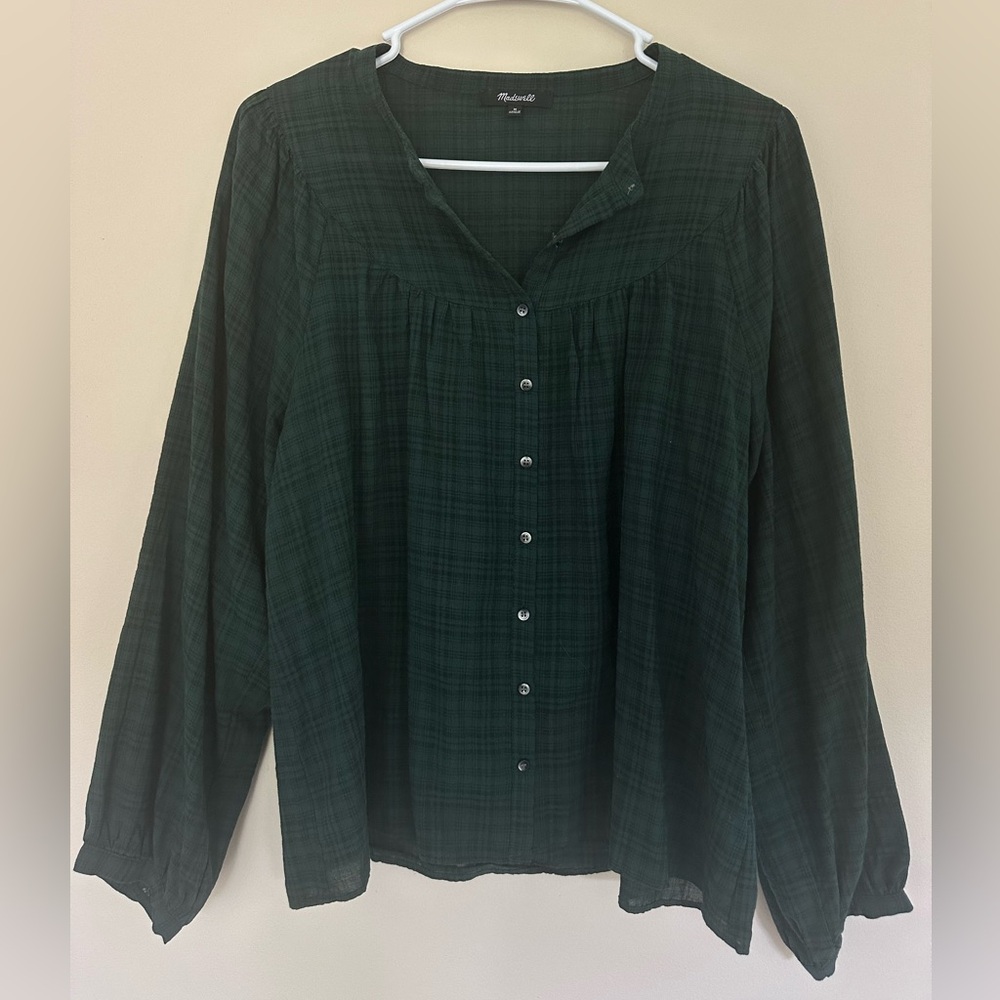 Forest Green & Blue Puff-Sleeve Top